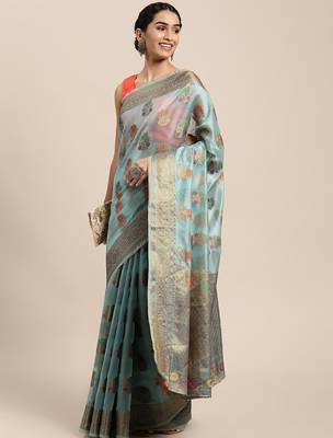 blue blue & yellow ethnic motifs zari organza saree 2