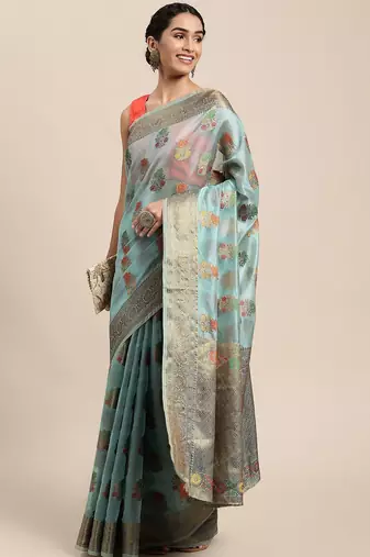 blue blue & yellow ethnic motifs zari organza saree
