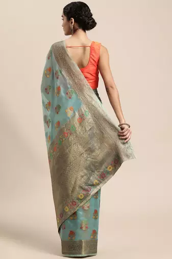 blue blue & yellow ethnic motifs zari organza saree