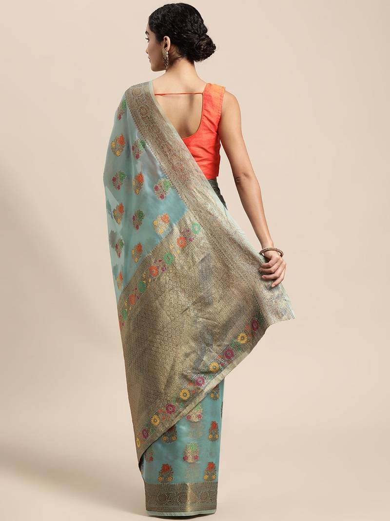 blue blue & yellow ethnic motifs zari organza saree