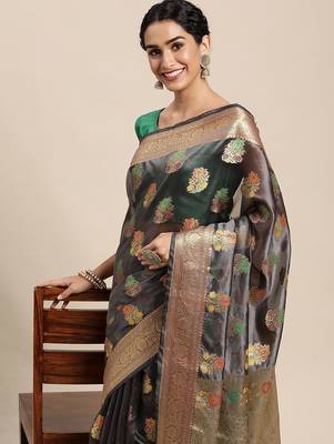 grey grey floral zari organza kanjeevaram saree 1