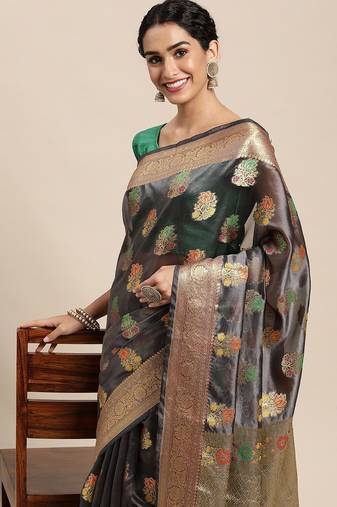 grey grey floral zari organza kanjeevaram saree