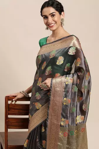 grey grey floral zari organza kanjeevaram saree