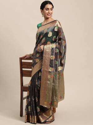 grey grey floral zari organza kanjeevaram saree 2