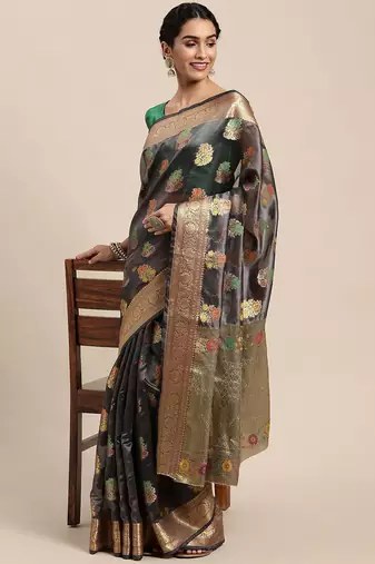 grey grey floral zari organza kanjeevaram saree