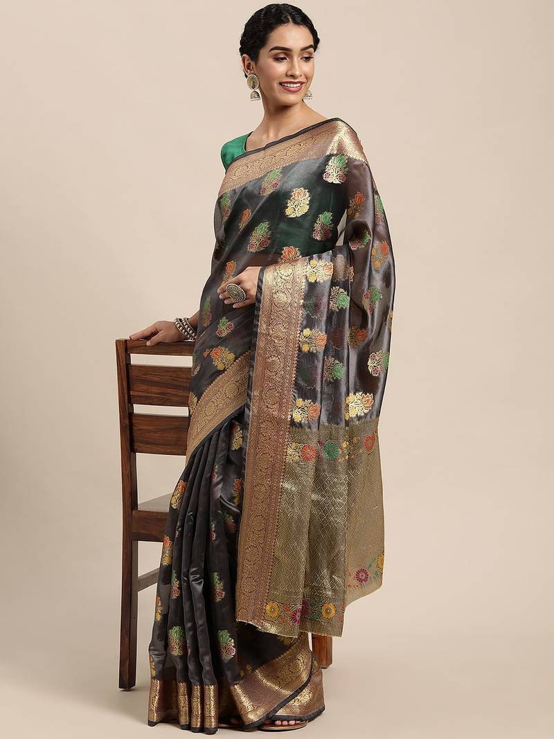 grey grey floral zari organza kanjeevaram saree
