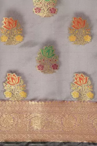 grey grey floral zari organza kanjeevaram saree