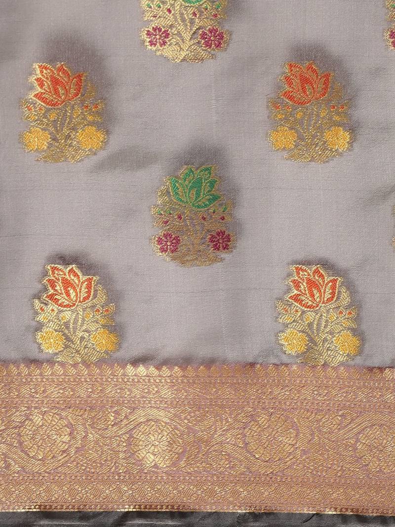 grey grey floral zari organza kanjeevaram saree