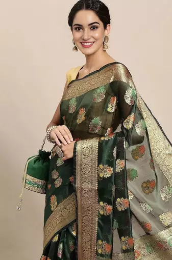 green woven design zari organza kanjeevaram saree