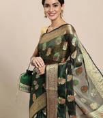 green woven design zari organza kanjeevaram saree