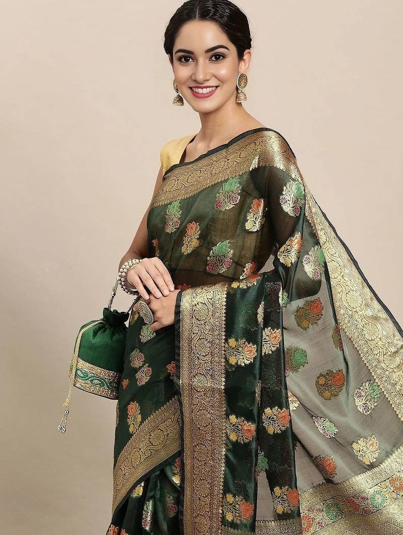 green woven design zari organza kanjeevaram saree