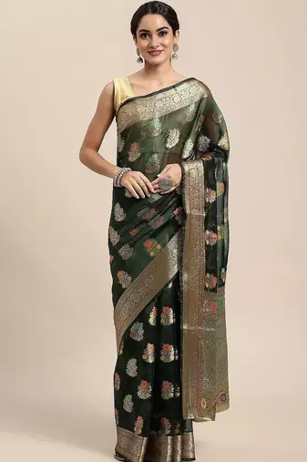 green woven design zari organza kanjeevaram saree