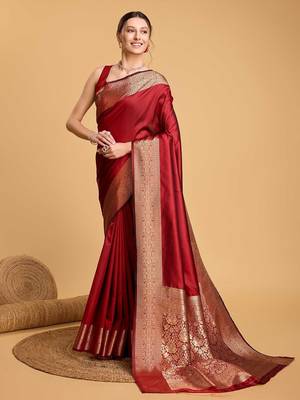 red ethnic motif zari woven banarasi saree with blouse 1