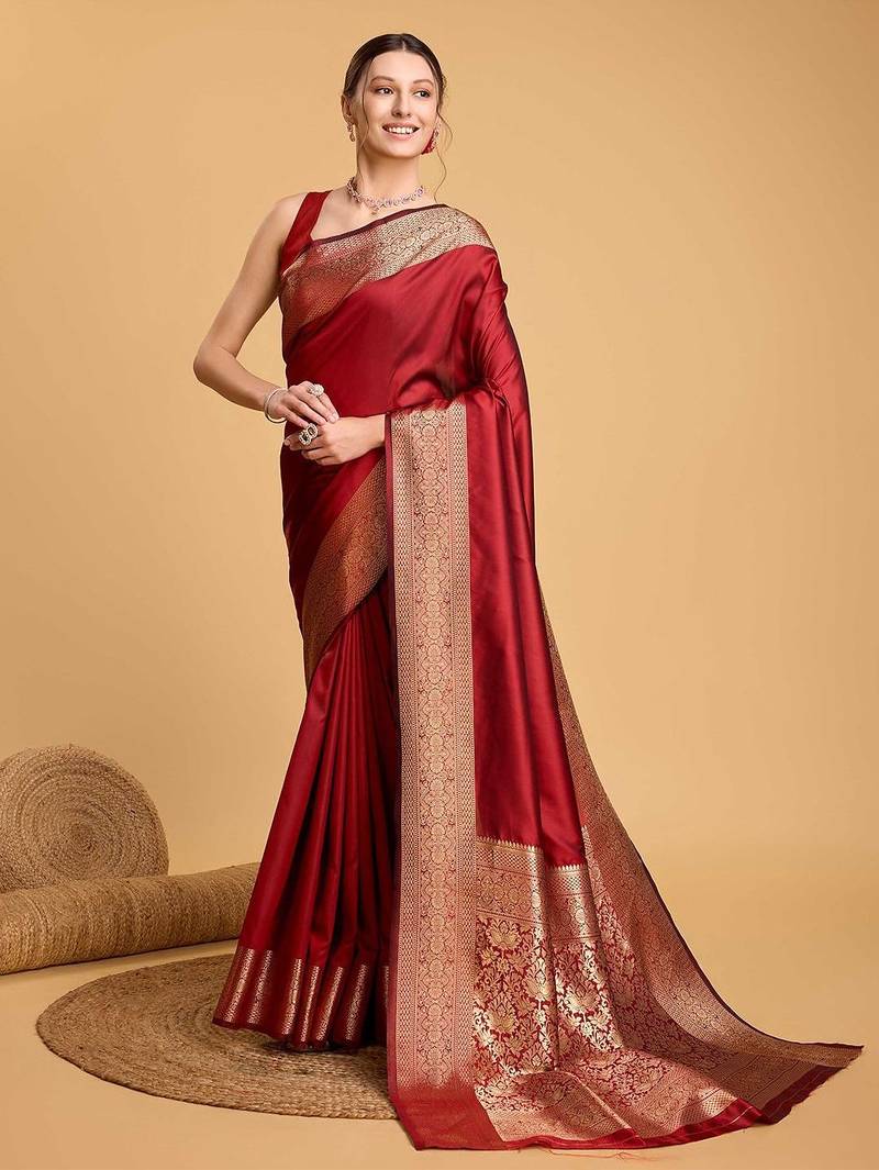 red ethnic motif zari woven banarasi saree with blouse
