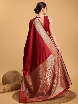 red ethnic motif zari woven banarasi saree with blouse 3