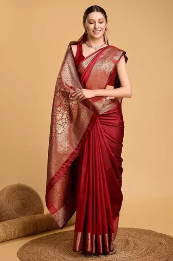 red ethnic motif zari woven banarasi saree with blouse