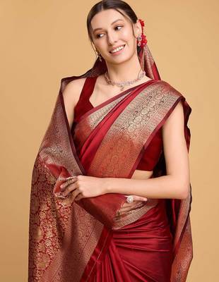 red ethnic motif zari woven banarasi saree with blouse 5