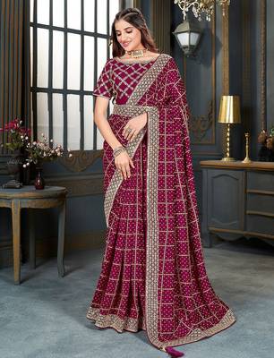 magenta bandhani embroidered silk blend saree 1