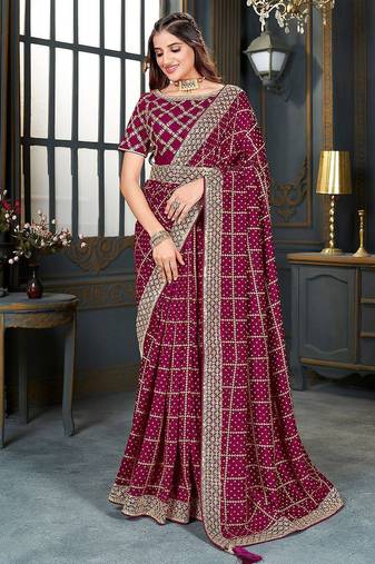 magenta bandhani embroidered silk blend saree
