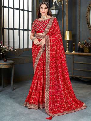 red bandhani printed embroidered zari saree 1