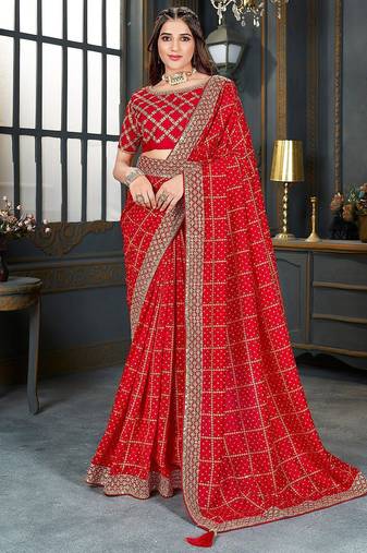 red bandhani printed embroidered zari saree
