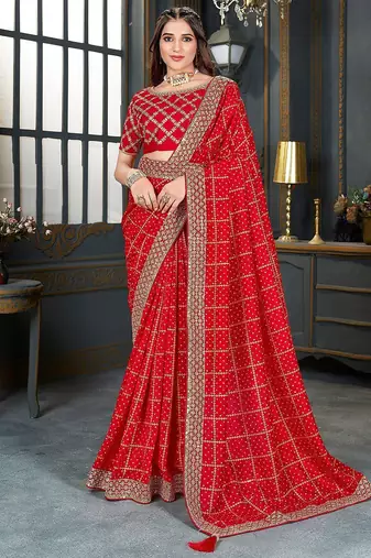 red bandhani printed embroidered zari saree
