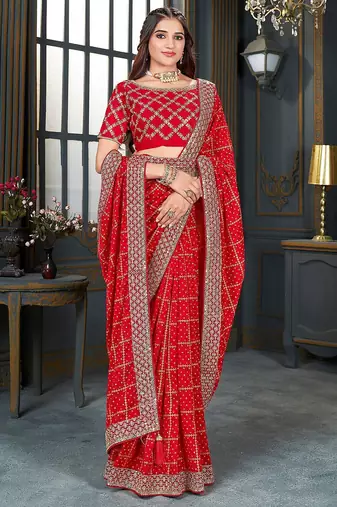 red bandhani printed embroidered zari saree
