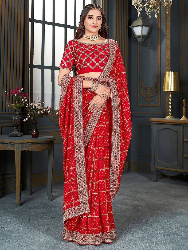 red bandhani printed embroidered zari saree