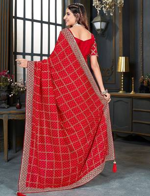 red bandhani printed embroidered zari saree 3