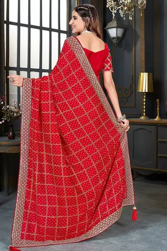 red bandhani printed embroidered zari saree