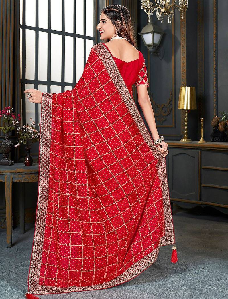 red bandhani printed embroidered zari saree