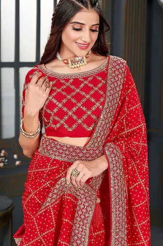 red bandhani printed embroidered zari saree