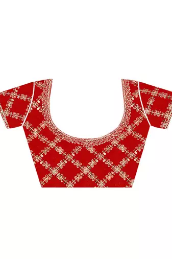 red bandhani printed embroidered zari saree
