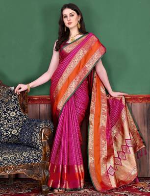 pink pink & orange checked zari silk blend banarasi saree with blouse piece 1