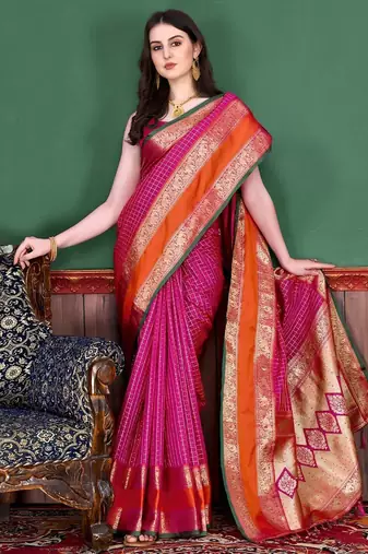 pink pink & orange checked zari silk blend banarasi saree with blouse piece