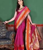 pink pink & orange checked zari silk blend banarasi saree with blouse piece