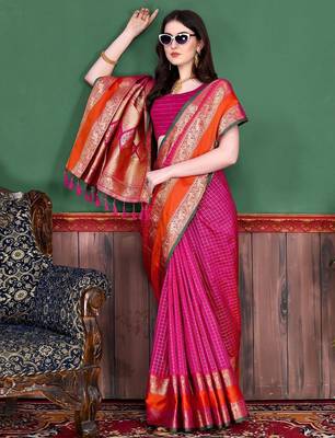 pink pink & orange checked zari silk blend banarasi saree with blouse piece 2