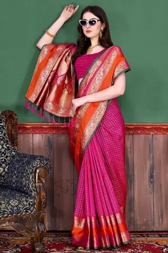 pink pink & orange checked zari silk blend banarasi saree with blouse piece