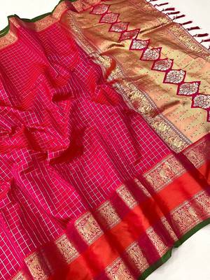 pink pink & orange checked zari silk blend banarasi saree with blouse piece 3