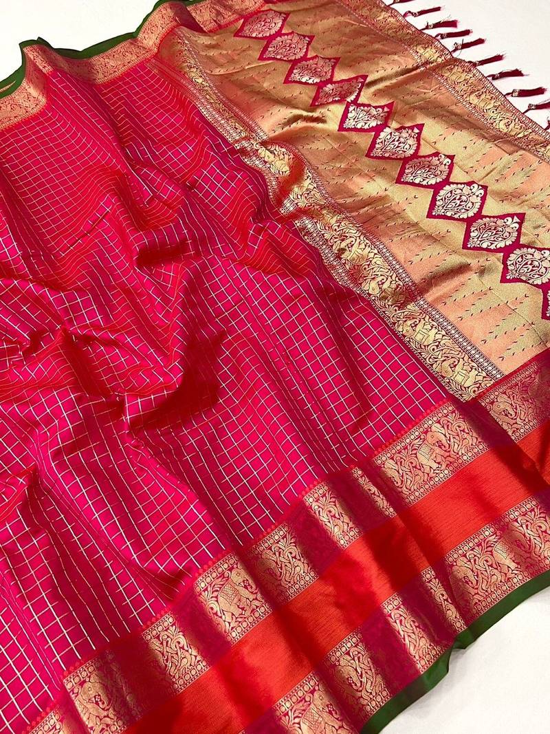 pink pink & orange checked zari silk blend banarasi saree with blouse piece