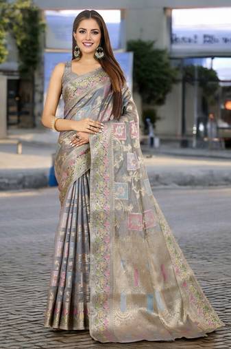 grey woven design zari banarasi saree