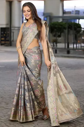 grey woven design zari banarasi saree