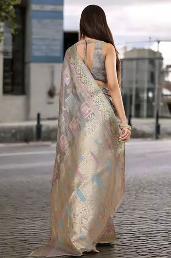 grey woven design zari banarasi saree