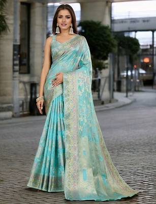 blue woven design zari organza banarasi saree 1