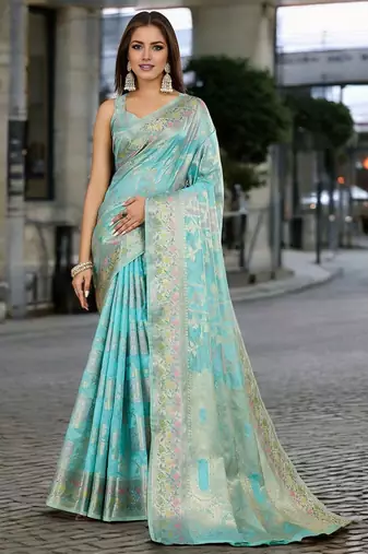 blue woven design zari organza banarasi saree