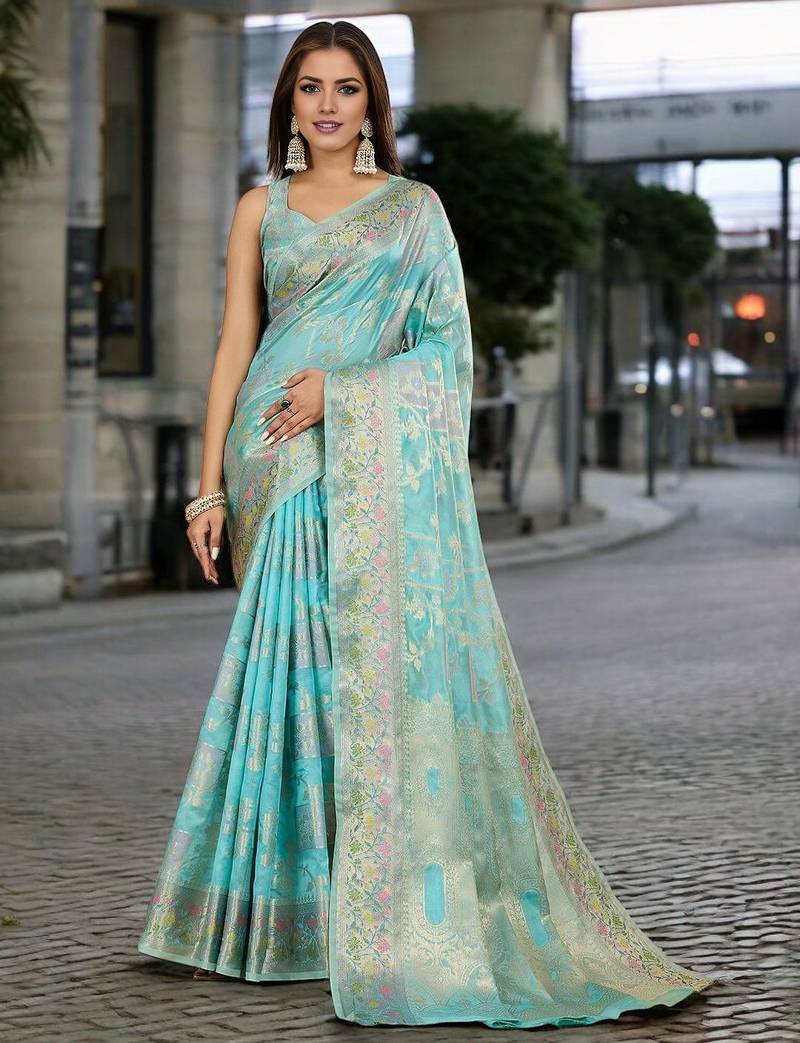 blue woven design zari organza banarasi saree