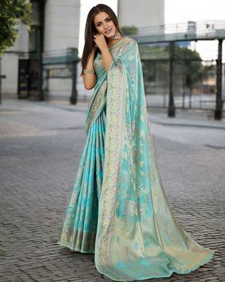 blue woven design zari organza banarasi saree 2