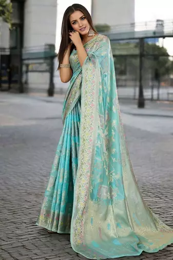 blue woven design zari organza banarasi saree