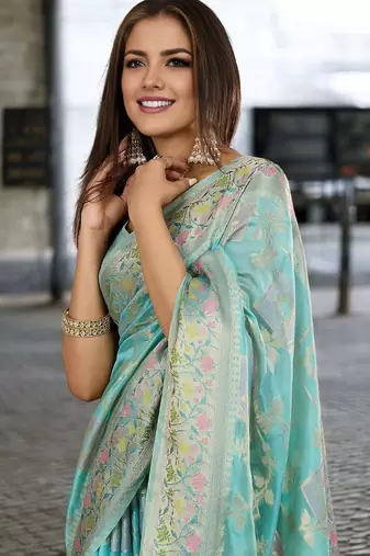 blue woven design zari organza banarasi saree