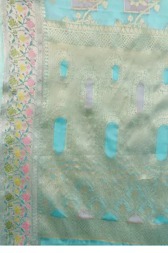 blue woven design zari organza banarasi saree